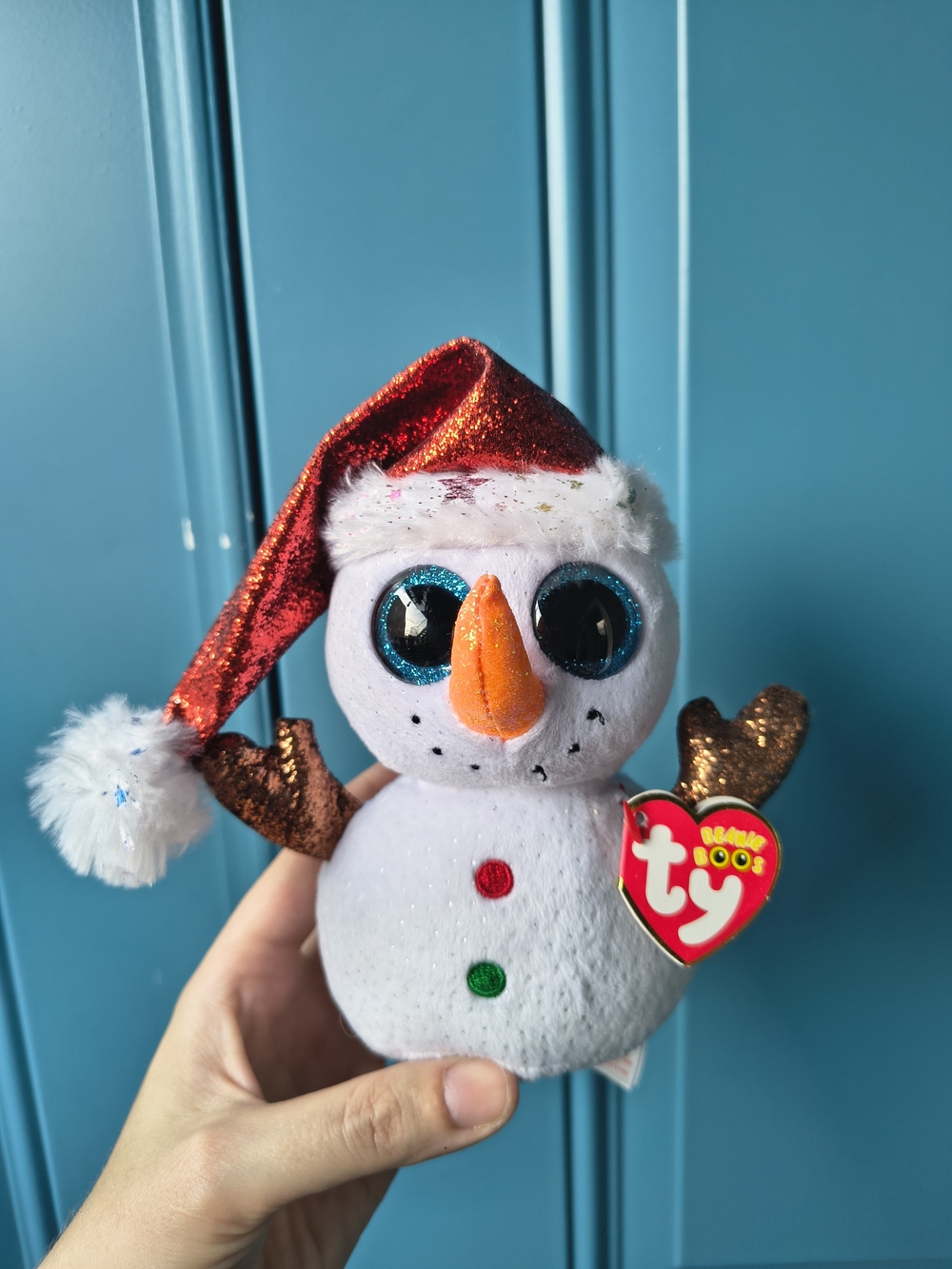 Ty Plush Snowman with Red Santa Hat, Orange Nose, Blue Eyes